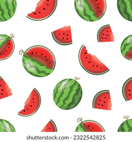 Vector watermelon seamless pattern. Fresh watermelon slices pattern with seeds. Summer fresh fruits texture on white background. Can be used as wallpaper, background, card or banner, website or print 