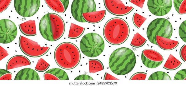 Vector watermelon seamless pattern. Fresh watermelon slices pattern with seeds. Summer fresh fruits texture on white background. Can be used as wallpaper, background, card or banner, website or print 