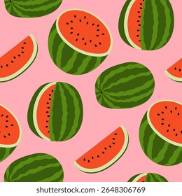 Vector watermelon seamless pattern. Hand drawn watermelons in flat style on pink background