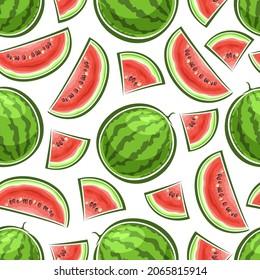 Vector Watermelon Seamless Pattern, square repeating background of whole and sliced cartoon watermelons with seeds, decorative poster with cut out illustrations of various fruits on white background.