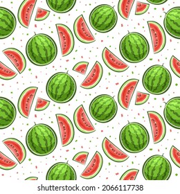 Vector Watermelon Seamless Pattern, square repeating background of whole and sliced cartoon watermelons with seeds, decorative poster with cut out illustrations of variety fruits on white background.