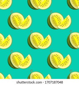 Vector watermelon seamless pattern. Two parts watermelon on turquoise background. Colorful vector illustration in flat style.