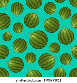 Vector watermelon seamless pattern. Whole watermelon on turquoise background. Colorful vector illustration in flat style.