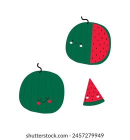 Vector watermelon set. Cute collection with watermelons. Watermelon. Cute fruit vector character set isolated on white . Tropical fruit.