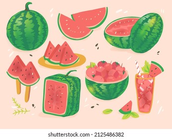 Vector watermelon set. Watermelon, fresh watermelon slices, dessert, drink, watermelon juice, square melon. Cartoon style. Summer party vibes. 