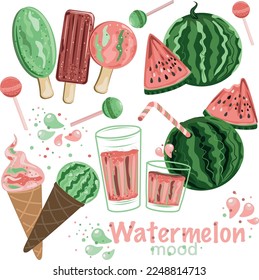 Conjunto de sandía vectorial. Rebanadas frescas, dulces, bebidas, solomillo, helados. Estilo de caricatura. Logo del humor de la sandía.