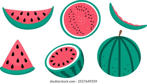 Vector watermelon set. Hand drawn flat summer fruit collection. Cartoon illustration of water melon peel, crust, piece, in slices and cut in two. Fresh food isolated on white background