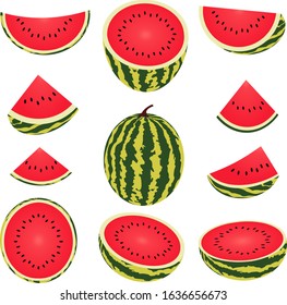 Vector watermelon  set isolated on white background. Fresh and juicy whole watermelons and slices.
