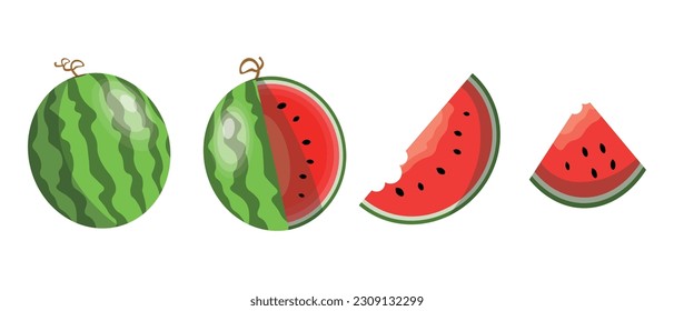 Vector Watermelon set isolated on white background. Fresh watermelon fruit set design elements. Fresh whole, cut and sliced watermelon set. Juicy fruit. Vector design elements or background.