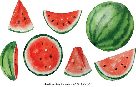 Vector watermelon set, slice of watermelon, isolated on white background, watercolor illustration, hand painting on paper, for card, invitation, design