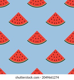 Vector watermelon slice on blue seamless background, berry illustration.
