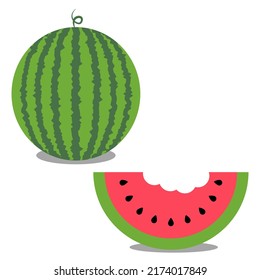 Vector Watermelon with the Slice of it with seeds, removable bite and shadows on isolated white background.