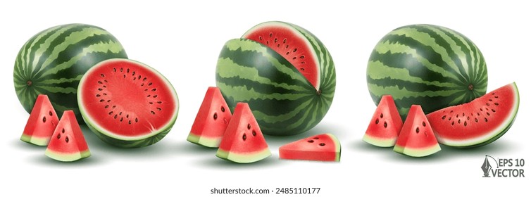 Vektorgrafik-Wassermelone, ganz und in Scheiben, isoliert auf weißem Grund. Realistisches Set von natürlichen frischen Früchten. 3D Food Illustration, Gestaltungselement für Verpackung und Werbung