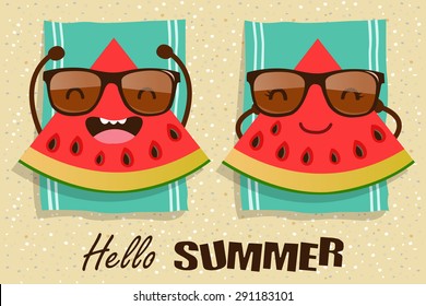 Vector watermelons cartoon character illustration. Hello Summer.