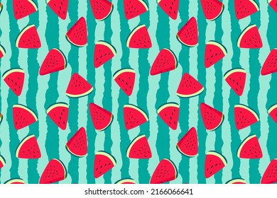 Vector watermelons hand drawn pattern horizontal background. Cute summer fresh fruits print. Watermelon red slices repeat texture on green striped background for wallpaper, design, decor.
