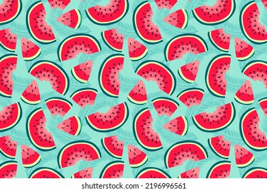 Vector watermelons hand drawn print horizontal background. Cute summer fresh fruits pattern. Watermelon red slices with seeds repeat texture on green palm for wallpaper, fabric design, decor, textile.