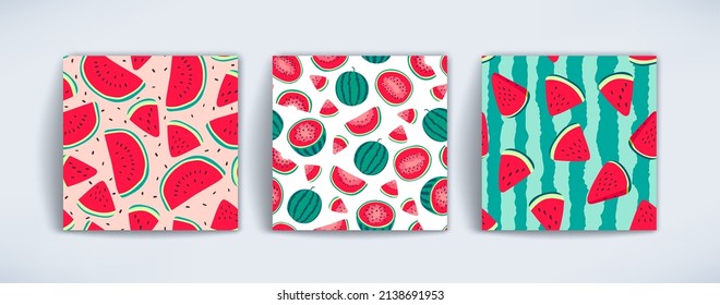 Vector watermelons hand drawn seamless patterns set. Cute summer fresh fruits print. Watermelon red slices, half sliced and whole watermelons repeat texture for wallpaper, fabric design, background.