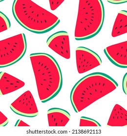 Vector watermelons hand drawn seamless pattern. Cute summer fresh fruits print. Watermelon red slices with seeds repeat texture on white background for wallpaper, fabric design, decor, textile.