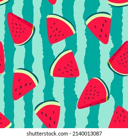 Vector watermelons hand drawn seamless pattern. Cute summer fresh fruits print. Watermelon red slices with seeds repeat texture on green striped background for wallpaper, fabric design, textile, decor