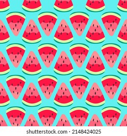 Vector watermelons hand drawn seamless pattern. Cute summer fresh fruits print. Watermelon red slices with seeds repeat texture on blue background for wallpaper, fabric design, textile, decor
