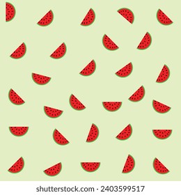 Vector watermelons hand drawn seamless pattern. Cute summer fresh fruits print. Watermelon red slices and seeds repeat texture on green background for wallpaper, fabric design, decor, textile.