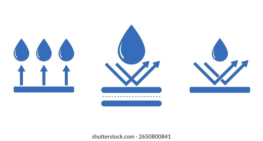 Vector waterproof and anti-corrosion icon pack. Water drop with arrows and protection layers. Weatherproof and resistant design elements for materials, fabrics, coating or tech specs.