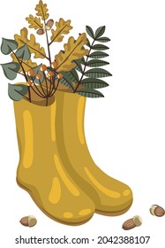 Vector waterproof yellow galoshes with autumn leaves and acorns. Cartoon fall illustration. 