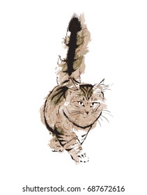 Vector wathercolor sketch. Siberian forest cat on a white background.