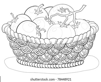 Vector, wattled basket with tomatoes, monochrome contours on white