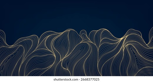 Modelo oscuro abstracto del oro de la onda del Vector, fondo lujoso del flujo, gráfico orgánico fluido de la forma. Ilustración elegante del océano, cintas
