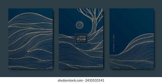 Vector wave background, line hills and tree golden patterns, covers, wallpaper. Abstract japanese design, sunset nature posters.