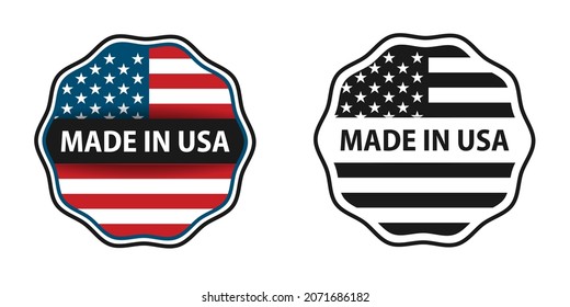 Vector wave circle symbol. Text Made in USA with flag set. Stamp. Isolated on white background.