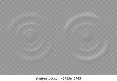 Vector wave circles on the water surface. Water ripples png. Water movement, water or sound effect on isolated transparent background.