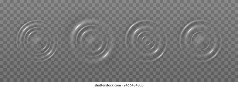 Vector wave circles on the water surface. Water ripples png. Water movement, water or sound effect on isolated transparent background.