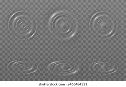 Vector wave circles on the water surface. Water ripples png. Water movement, water or sound effect on isolated transparent background.