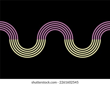 Vector wave of colored parallel lines on a black background in retro style. Interior decor, web design, printing, packaging.