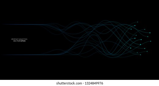 Vector wave dot lines flowing dynamic in blue green colors isolated on black background for concept of AI technology, music, sound