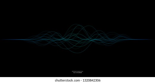 Vector wave dots lines flowing dynamic in blue green colors isolated on black background for concept of AI technology, music, sound
