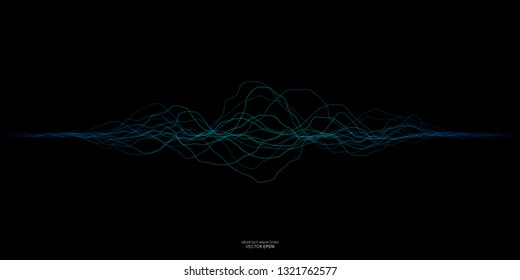 Vector wave dots lines flowing dynamic in blue green colors isolated on black background for concept of AI technology, music, sound
