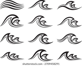 Onda de Vector con doce iconos de onda negra y diseños de agua del océano. Diseño escalable adecuado para diversas aplicaciones. Formato de Vector escalable adecuado para medios impresos y digitales.