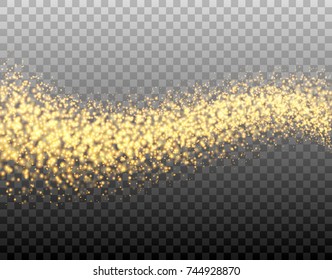 Vector wave with gold sparkles on the transparent background. Light effect for your design.