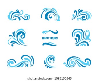 Vector wave icons, set of simple swirls and splashes, curly shapes on white, decorative elements for logo design