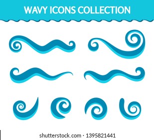 Vector wave icons, set of simple swirls and splashes in flat style, smooth curly shapes on white, decorative wavy elements for logo design