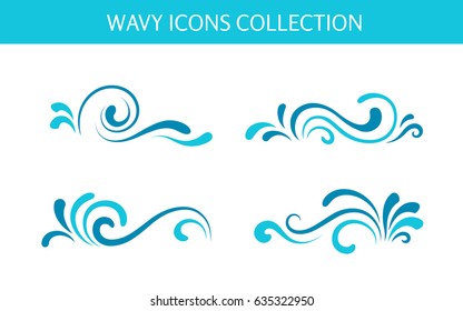 Vector wave icons, simple swirls, set of decorative curly shapes on white 