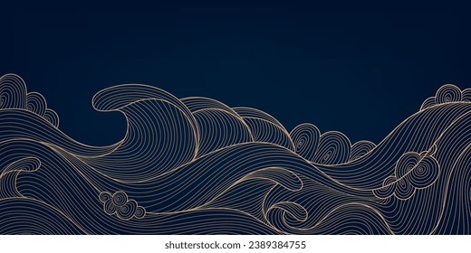 Vector wave japanese background. Gold sea, river, ocean wavy pattern, line banner, wall art, illustration. Luxury vintage abstract landscape