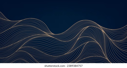 Vector wave japanese background. Gold sea, river, ocean wavy pattern, line banner, wall art, illustration. Luxury vintage abstract landscape