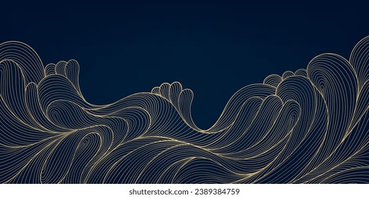 Vector ondea fondo japonés. Mar de oro, río, patrón ondulado oceánico, banner de línea, arte mural, ilustración. El paisaje abstracto de lujo