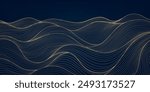 Vector wave japanese background, line sea, ocean gold on blue pattern. Flow water curve graphic, luxury asian water illustration.