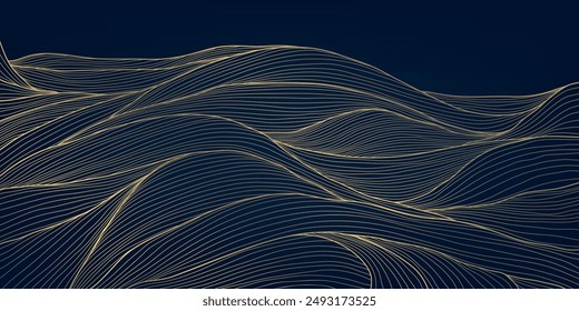 Onda de Vector de fondo japonés, línea de mar, oro oceánico en patrón azul. Gráfico de curva de agua de flujo, ilustración de agua asiática de lujo.