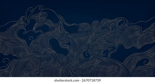 Patrón japonés de onda de Vector, línea dorada en gráfico de naturaleza vintage azul. Océano, fondo del chapoteo del río, ornamento asiático del diseño, ornamento de lujo de la curva